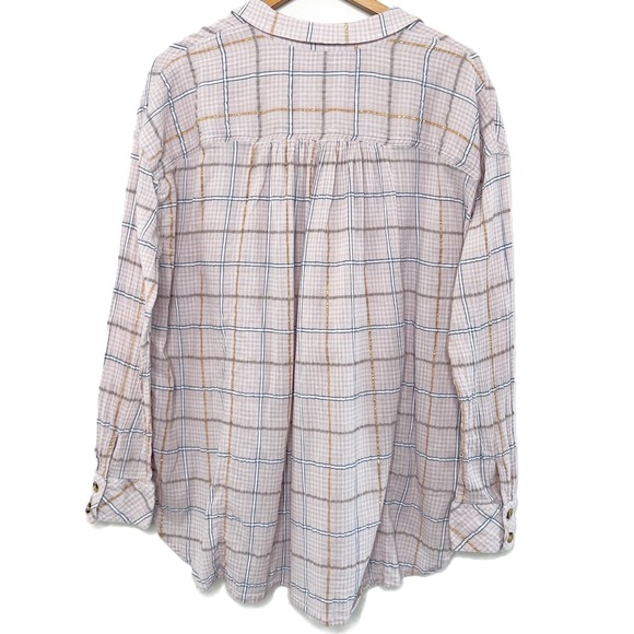 Free People Break My Stride Plaid Button Down Collared Shirt Pink Gold Size Med - Picture 4 of 8